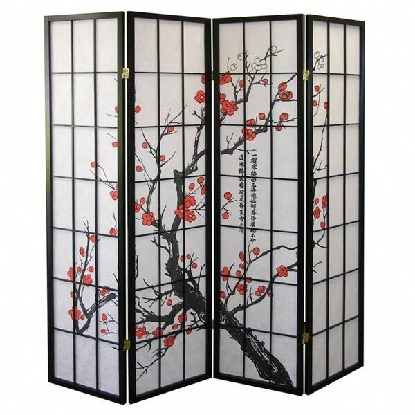 [Free Shipping] Black Japanese 4-Panel Screen Room Divider, Plum Blossom Pattern, Folding Privacy Screen, Decorative Room Separator For Living Room, Bedroom, Office, Home Decor-XY195556