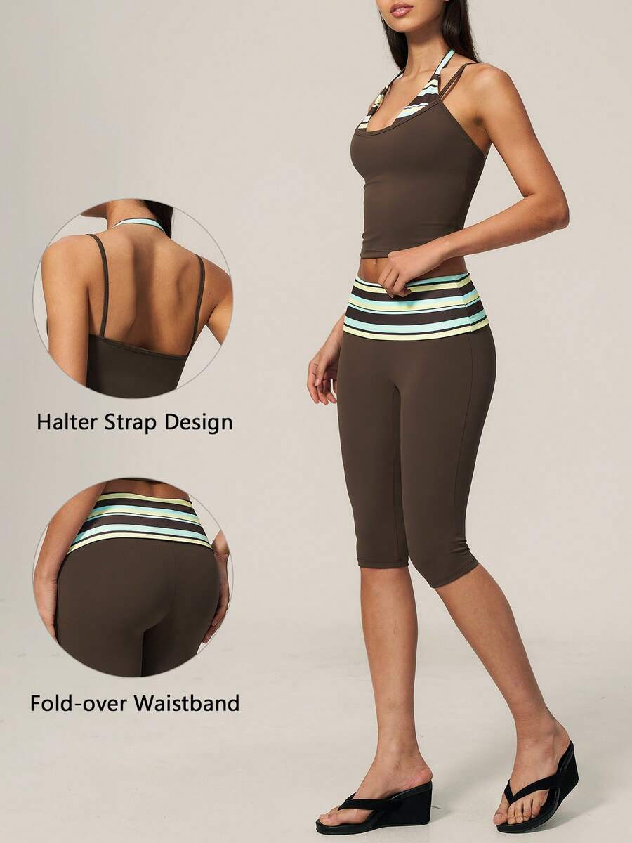 TimeOff Women's One Set Striped 2 In 1 V-Neck Halter Tank Top With Folded Waistband Shorts Gym Sports Set - Brown - View 1
