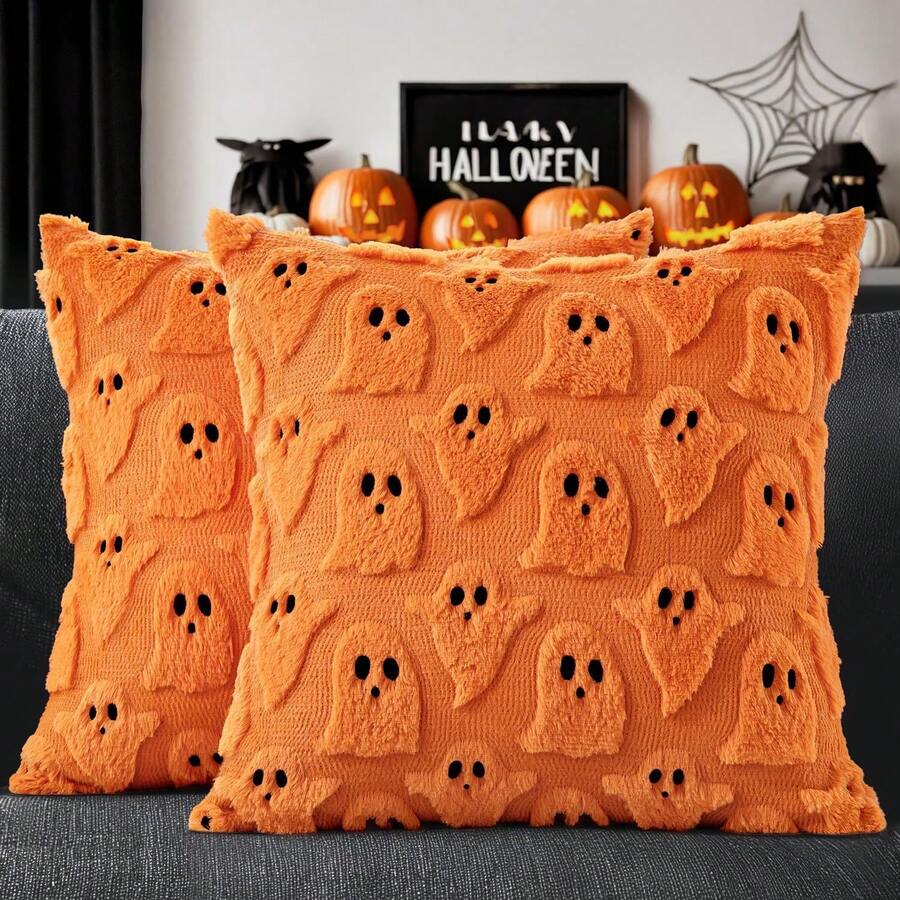 2 Stück Halloween Kissenbezüge - süße Geister dekorative Sofakissenbezüge, 45x45cm; weiche und flauschige Herbst dekorative Kissenbezüge, perfekt für Sofa, Bett und Wohnzimmer Dekoration