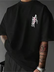 Men's Round Neck T-Shirt With Samurai Sword And Tokyo Cherry Blossom Theme| Short Sleeves, Japanese Ink Style, Standard Cut, Polyester Fabric - Black - View 2
