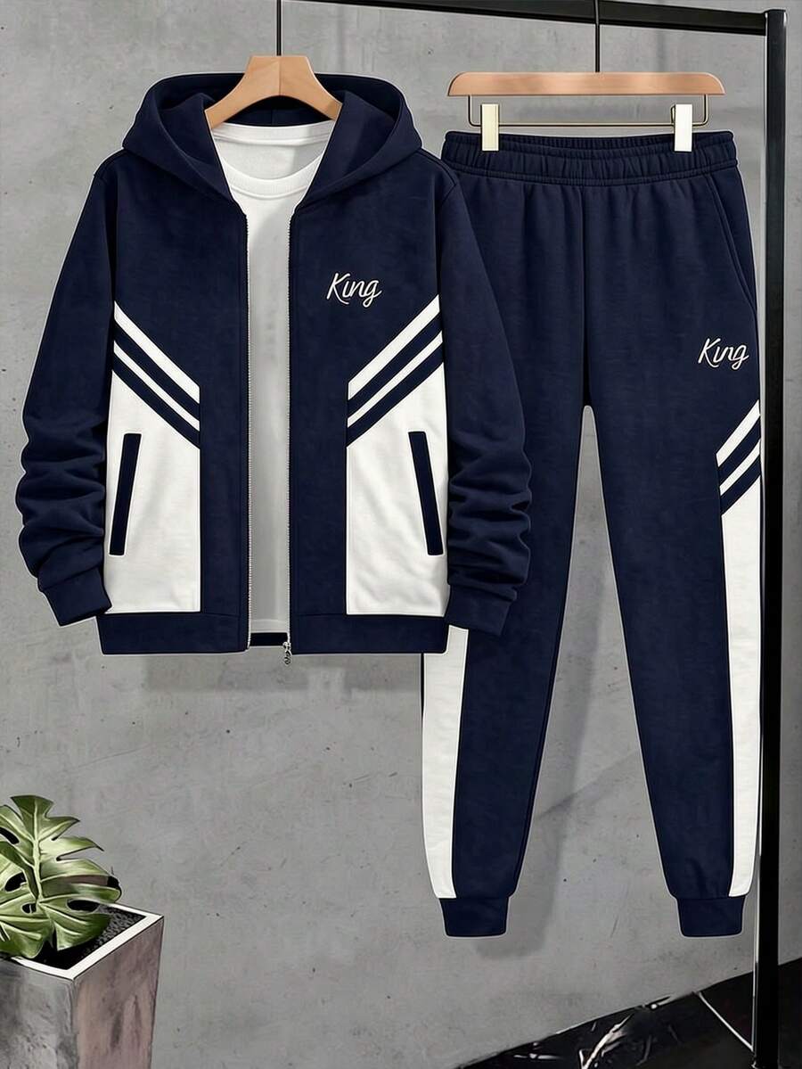2pcs/Set Tween Boys Casual Sports Contrast Color KING Print Hoodie Sweatshirt And Contrast Color Pants Set, Spring/Autumn - Navy Blue - View 1