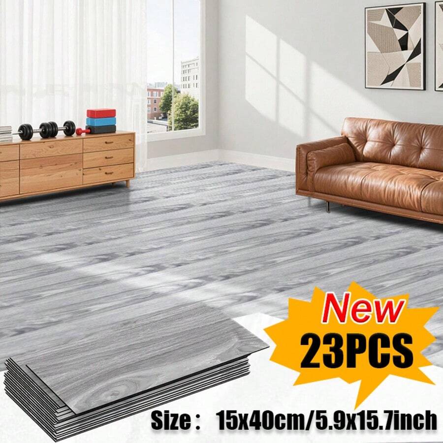 Waterproof Anti-Slip Faux Wood Self-Adhesive Flooring, Thickened PVC Material Durable Against Foot Traffic, 15x40cm Plank Size, 23pcs Set, Built-In Adhesive Backing Glue-Free Installation, Suitable For Living Room Bedroom Entryway Store, Low Cost Create Natural Wood Style Floor