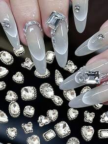 12 pièces Mélange de cadres argentés de luxe avec diamants transparents, strass pour nail art, ovale/carré gras/cœur/papillon, décoration de cristal pour ongles, gemme pour ongles DIY 10mm - Transparent - Voir 3