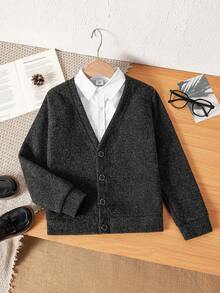 Unisex Kids & Teens Dark Grey Textured Long Sleeve Cardigan, Preppy Style, Suitable For Back To School, Daily Wear, Autumn/Winter - Black - View 2