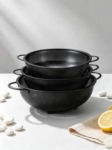 1pc Stainless Steel Black Fine Mesh Colander, Dual Handle Rice Washing Basket, Vegetable And Fruit Strainer, Stainless Steel Rice Sieve, Fine Mesh Design, Suitable For Washing Pasta, Vegetables, Rice, Fruit And Other Ingredients, Multi-Purpose Rice Washing And Vegetable Cleaning Basket, Kitchen Daily Essential, Kitchen Fruit Basket, Kitchen Must-Have, Christmas, Halloween Gift. - Black - View 9