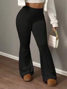 Women's Casual Elastic Yoga Flare Pants - Black - View 1