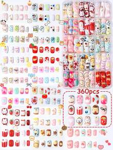 360pcs (15 Styles) Colorful Cartoon Acrylic Press-On Nails Gift Set, Full Coverage Short Artificial Nails For Girls, Kids Decorative Design (Cute Patterns) - Multicolor - View 3