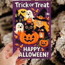 1/2/3sets Cute Cartoon Trick Or Treat Halloween Greeting Cards,Purple Background Witch Black Cat Ghost Jack O Lantern Spider Candy Full Moon Design,Perfect For Friends And Family Seasonal Celebration Party Invitations And Spooky Wishes To Share Joy A - A - View 5