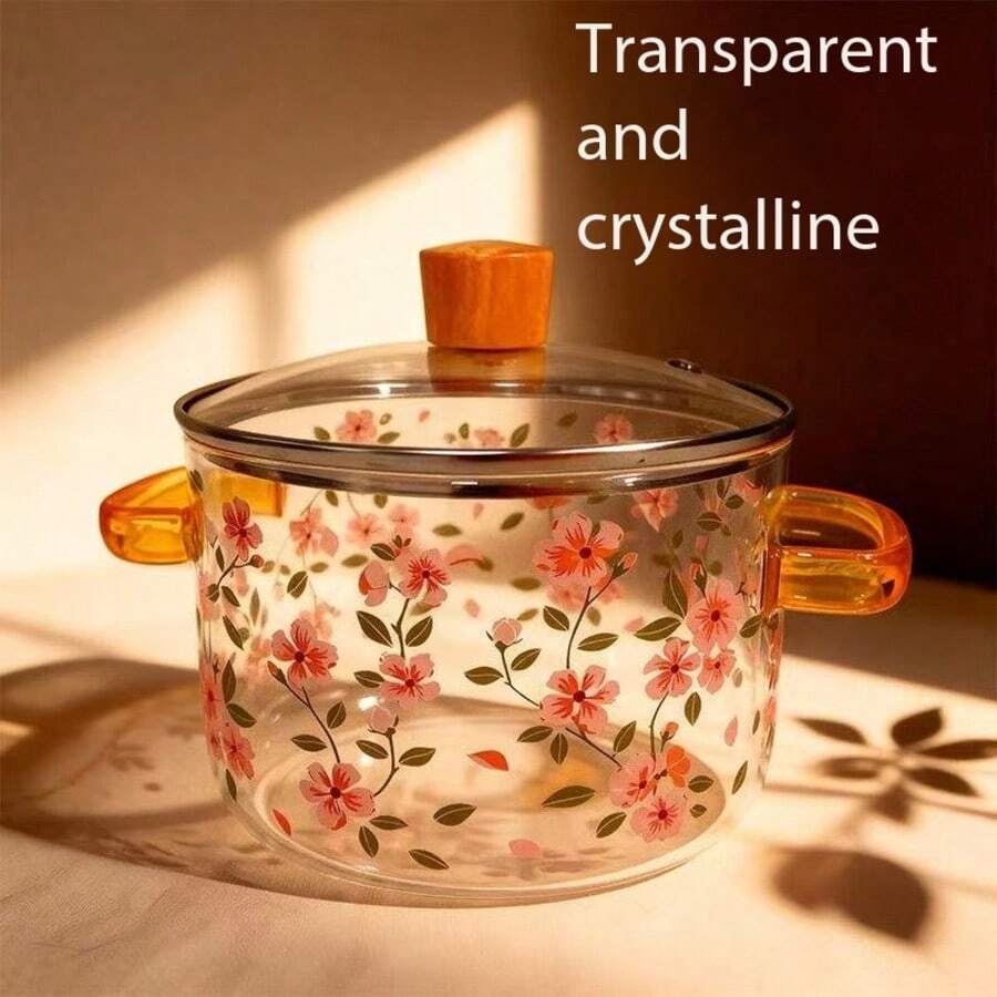 Cherry Blossom Print Dual Handle Glass Stew Pot, High Borosilicate Heat-Resistant Glass Milk Pot With Wooden Lid, Open Flame Compatible Mini Soup Pot, Suitable For Breakfast, Cooking Noodles, Herbal Tea (15cm Diameter) - View 1
