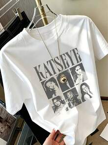 Tween Girl 1pc Printed Short Sleeve Pullover T-Shirt, Student Young Children's Clothing, Summer Gift For Tween Girl - White - View 2