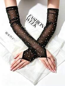 1雙夏季長款水鑽優雅女款手套，夏季長款防曬露指手套，輕量透氣 - 多色 - 查看 2