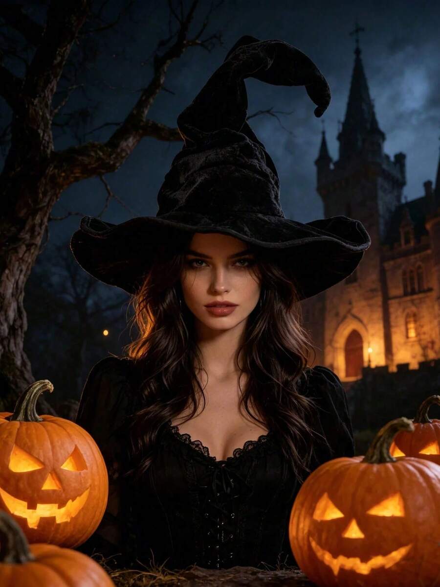 1pc Halloween Black Gold Foil Velvet Twisted Pointed Witch Hat, Pleated ...