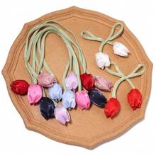 5PCS Rhinestone Studded Tulip Bud Flower Rope Ribbon, Sweet Style 3D Fabric Flower, Party Wedding Daily Wear Hair Accessory Clothing DIY Supplies, Shoe Hat Bag Decoration, Gift Packaging Decoration For Elders, Handmade Floral Craft Material - Tulip - View 7