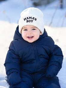 1PC Toddler "MAMA'S BOY" Embroidered Knit Beanie Hat, Foldable Warm Elastic Winter Cap, Cute Daily Outdoor Head Protection Hat - Multicolor - View 4