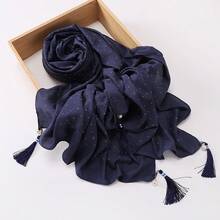 Oversized 200cm*85cm Heavy-Duty Luxurious Rhinestone Modest Pleated Plaid Tassel Pearl Pendant Daily Wear Breathable Solid Color Muslim Hijabs - Multicolor - View 15