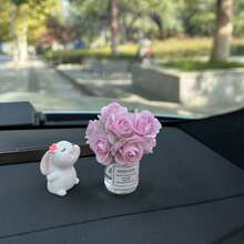 2件裝花朵+兔子汽車飾品創意香氛花兔車用中控台迷你玫瑰小擺件車內裝飾 - A - 查看 14