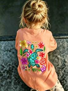 Soft And Breathable Round Neck Short Sleeve Casual T-Shirt For Little Girls, Suitable For Daily Wear And Vacation - Coral Orange - View 11