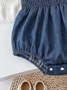 Infant Girls Denim Romper With Solid Color Bow Headband, Ruched Sleeveless Strap Jumpsuit, Summer Newborn Baby Doll Outfit - Medium Wash - View 6