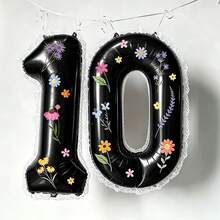 40 Inch Large 0-9 Number Foil Balloon Set, White Lace Decorative Ribbon, DIY Floral Theme Stickers, Suitable For Women's Birthday, Confession, Proposal, Anniversary Party, Wedding, Indoor/Outdoor Holiday Events, Photography Props And More - Black - View 2