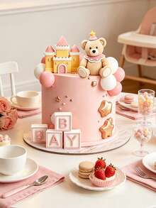 1pc Teddy Bear Cake Topper Castle, Letter "Baby" Baby Shower Cake Decoration, Birthday Party Supplies, Baby Shower Gift - Multicolor - View 6