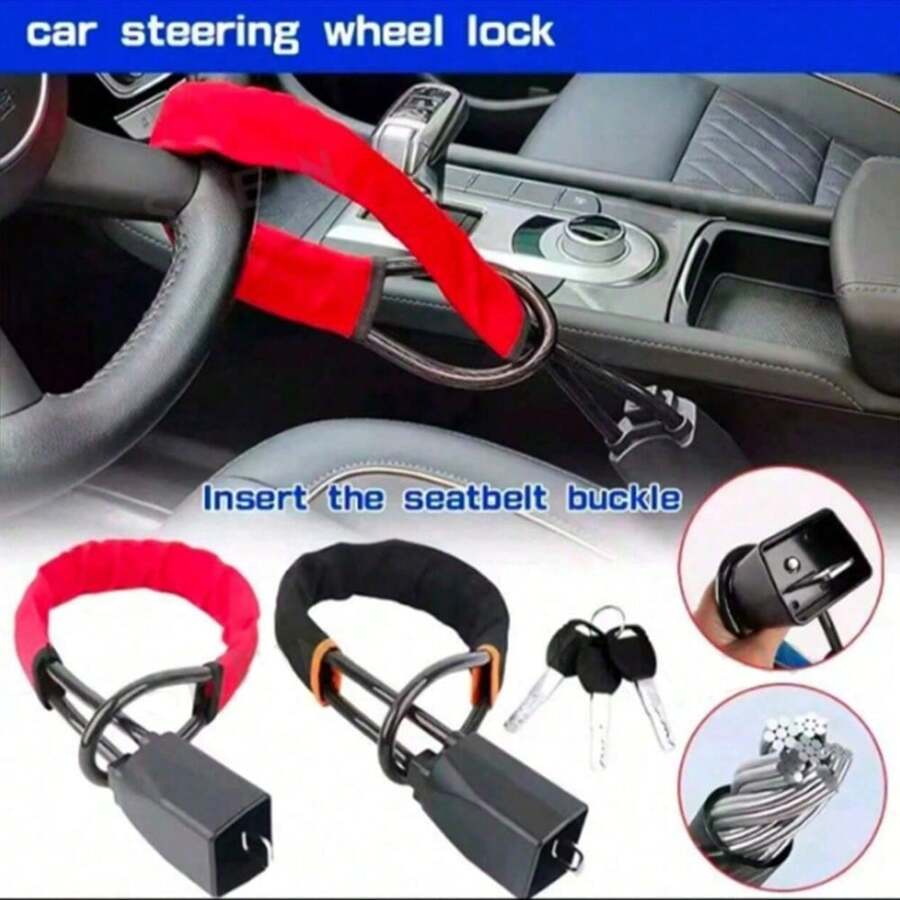 1pc Universal Car Steering Wheel Lock - Seat Belt Buckle Anti-Theft Lock, With 3 Keys, Heavy Duty Security Tool, Anti-Theft Accessory For Truck/SUV/Van/RV Drivers - Multicolor - View 1