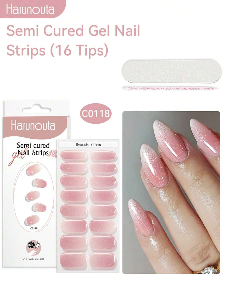 Harunouta 16 Dicas Rosa Branco Ombré Blush Gradiente Glitter Gel Semi Curado Tiras de Unhas Rosa Suave Branco Gradiente Envoltórios de Unhas de Gel Brilho Fino Gradiente Branco Adesivos de Unhas Pastel Fácil DIY Arte de Unhas em Casa Efeito de Salão Brilhante Envoltórios de Unhas