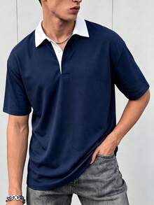 男士夏季時尚經典拼接寬鬆落肩POLO衫，適合日常社交與商務活動 - 藏蓝色 - 查看 8