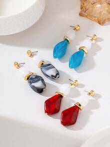 Textured White Lake Blue Marble Acrylic Long Drop Earrings - White Marble Lake Blue - View 1