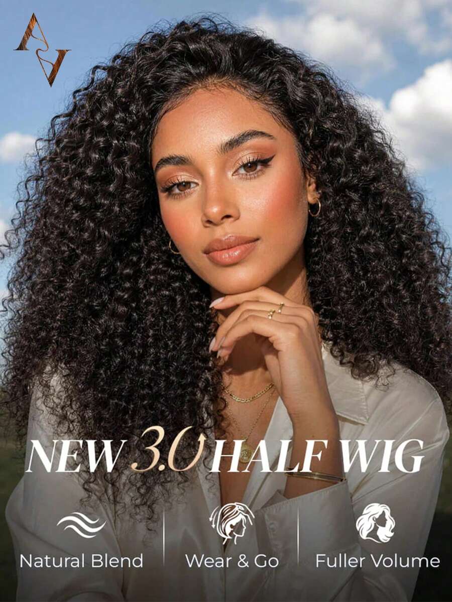 ARABELLA 升級版 3 合 1 半頭套 Afro 捲曲捲髮假髮 100% 真人髮 隱形抽繩式 自然黑 多種造型免膠水 半頭套升級版髮箍假髮 180%/200% 密度 - SNatural - 查看 1