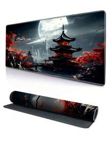 Japanese Style Full Moon Desk Mat, Black & Red Mouse Pad, Gaming Mouse Pad, Extended Keyboard Pad, Laptop Mouse & Keyboard Pad, Suitable For Desktop Decoration - View 2