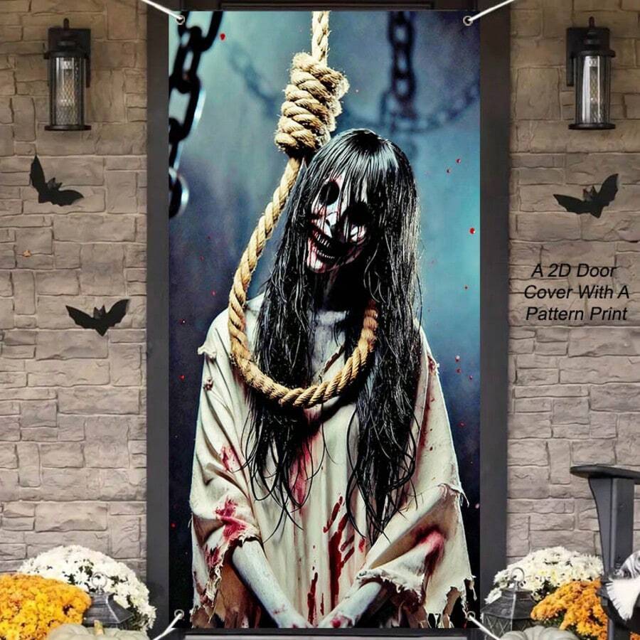 1pc Thrilling Rope Binding Ghost Dark Door Banner, Polyester Material, Suitable For Halloween, Day Of The Dead, Scripted Game Venue, Escape Room Set-Up, Store Decoration, Holiday Check-In, Courtyard Decoration, General Theme,Creepy,Spooky.