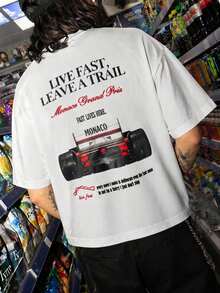 Camiseta Fractyr para hombres con patrón de doble cara, cuello redondo holgado, impresión digital, letras de eslogan, patrón de carreras, impresión delantera y trasera, motocicleta S - Blanco - Ver 3