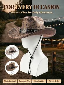 1pc Western Cowboy Hat, Paisley Pattern, Metal Decorative Band, Printed, Bohemian, Daily, Festival Wear - Top Hat - View 1