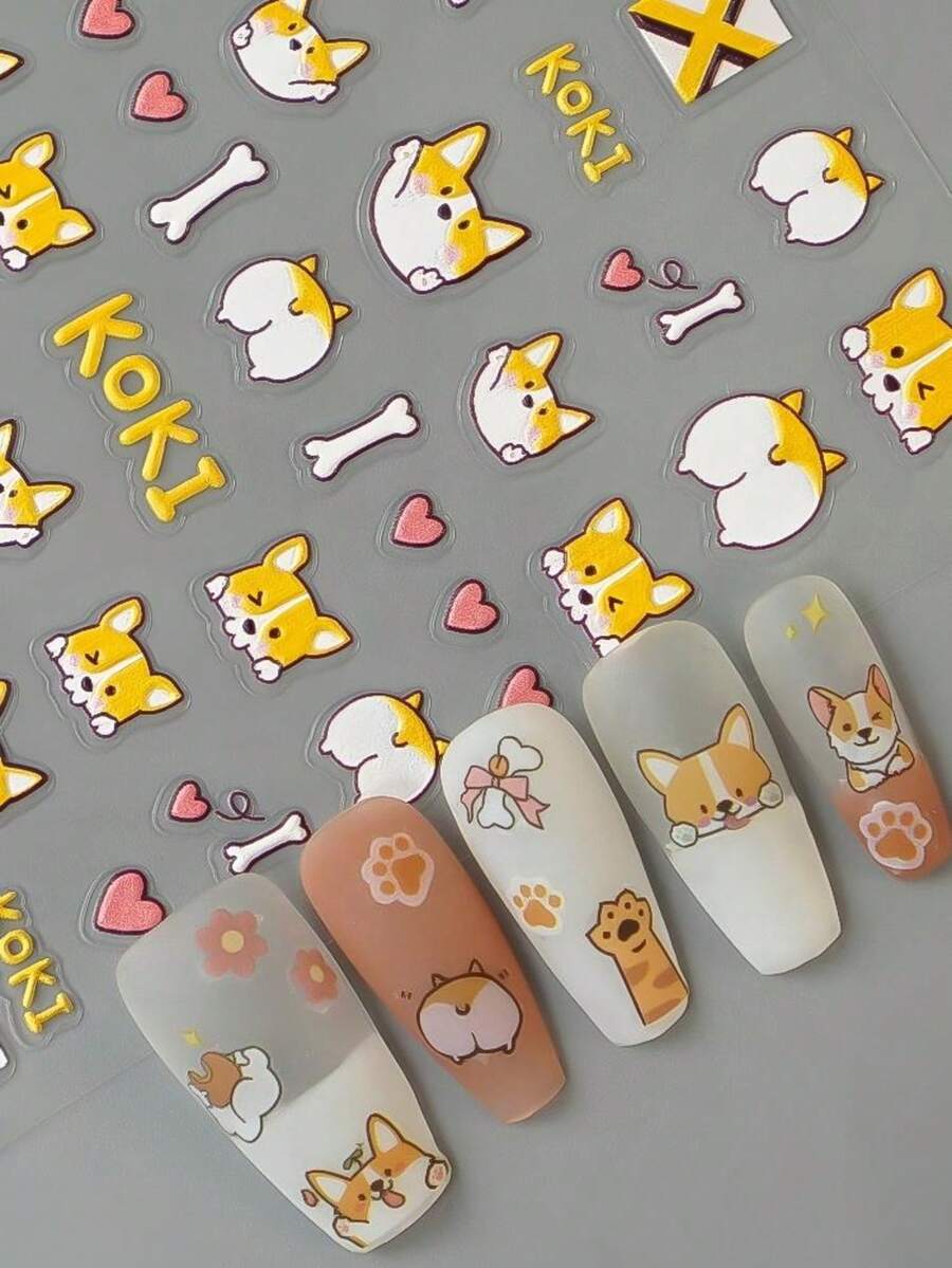 3D 浮雕柯基美甲貼紙,可愛卡通柴犬屁股、愛心、骨頭、圍欄,日系軟萌少女風 DIY 可穿戴美甲裝飾貼 - 彩色 - 查看 1
