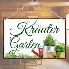 2D Flat, 1pc Metal Sign, Vintage  Metal Wall Sign - 8*12inch/20*30cm Rustic Kräuter Garten Herb Garden Decor with Watering Can & Greenery Design, Indoor/Outdoor Wall Art for Bedroom, Living Room, Bar, Patio, Metal Garden Decor, Indoor Decoration, Decorative Script Signage, Crafted Wall Plaque - 1PC - Übersicht 1