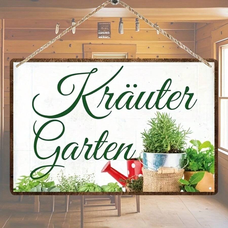 2D Flat, 1pc Metal Sign, Vintage  Metal Wall Sign - 8*12inch/20*30cm Rustic Kräuter Garten Herb Garden Decor with Watering Can & Greenery Design, Indoor/Outdoor Wall Art for Bedroom, Living Room, Bar, Patio, Metal Garden Decor, Indoor Decoration, Decorative Script Signage, Crafted Wall Plaque - 1PC - Übersicht 1