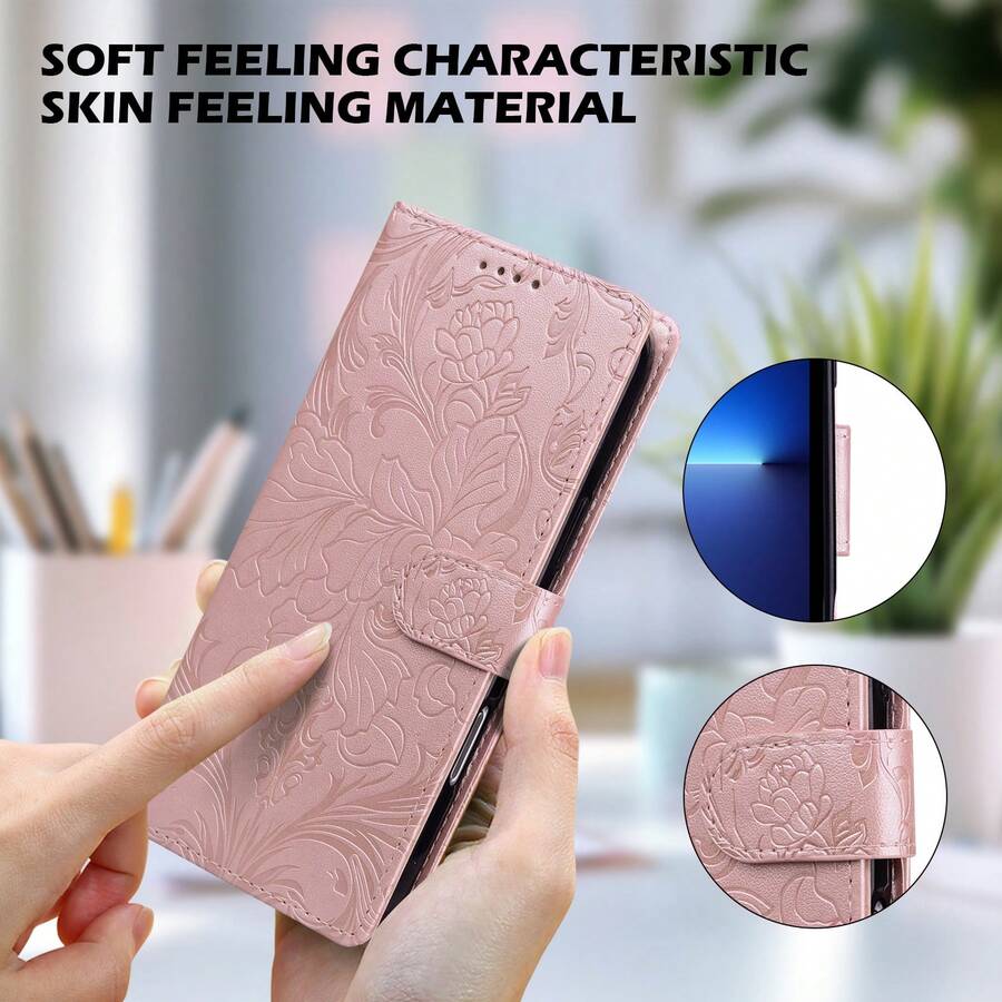 Cartera de teléfono de cuero sintético con elemento floral rosa, diseño de borde plegable con ranuras para tarjetas y cordón, proporciona protección completa para varios modelos de teléfonos inteligentes, resistente al agua, a los golpes, a los impactos y a los arañazos, regalo de primavera - Oro rosa - Ver 1