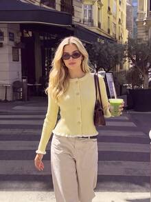 Nicenter Women's Autumn/Winter Comfortable Ribbed Knit Ruffle Trim Round Neck Button Short Cardigan Sweater Long Sleeve Basic Top - Yellow - View 7