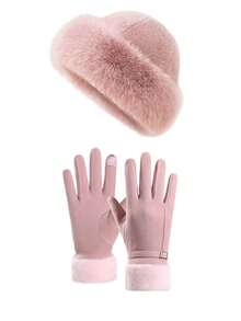 Women's Winter Hat And Touchscreen Gloves Set, Solid Color Elegant Luxury Design, Made Of Faux Fur And Suede-Like Fabric, With Plush Cuffs And Exquisite Metal Buckle - Multicolor - View 13