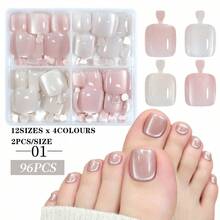 Set de 4 colores de uñas postizas para los pies estilo ojo de gato con purpurina y lentejuelas, estilo francés, cobertura completa - Multicolor - Ver 7