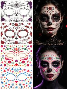 2sheets/4 Sheets Glow In The Dark Halloween Tattoo Stickers, Day Of The Dead Face Makeup Tattoos, Goth Spider Web & Darkness Rose & Skull Waterproof Temporary Tattoo Stickers, Halloween Fake Tattoos For Halloween Parties & Gifts - Multicolor - View 14