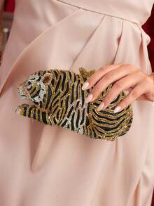 Women Cute Tiger Shaped Evening Clutch Sparkling Rhinestones Handbag Prom Party Purse - Gold - View 3