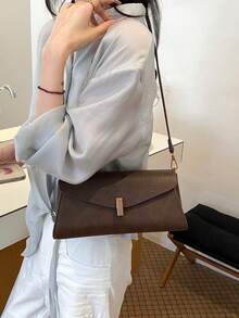 Vintage Brown Textured Flap Bag With Metal Chain Underarm Bag, Luxury Versatile Commuter Shoulder Handbag - Coffee - View 3