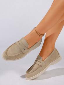 Women's Flat Slip-On Loafers, Khaki Soft Sole Commuter Work Shoes, Comfortable Driving Moccasins - Khaki - View 2