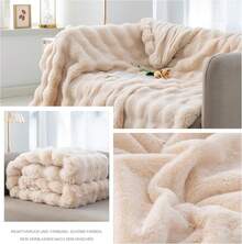 EDIMENS Faux Rabbit Fur Throw Blanket For Sofa, Reversible, Soft And Fluffy, Thick And Warm Plush Blanket For Sofa, Bed And Armchair, Decoration - 淺棕色 - 查看 6