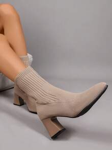 Women's Ankle Boots, Khaki Slip-On Elastic Boots, Chunky Heel Commuter Work Boots, Low Heel Party Dress Boots - Khaki - View 3