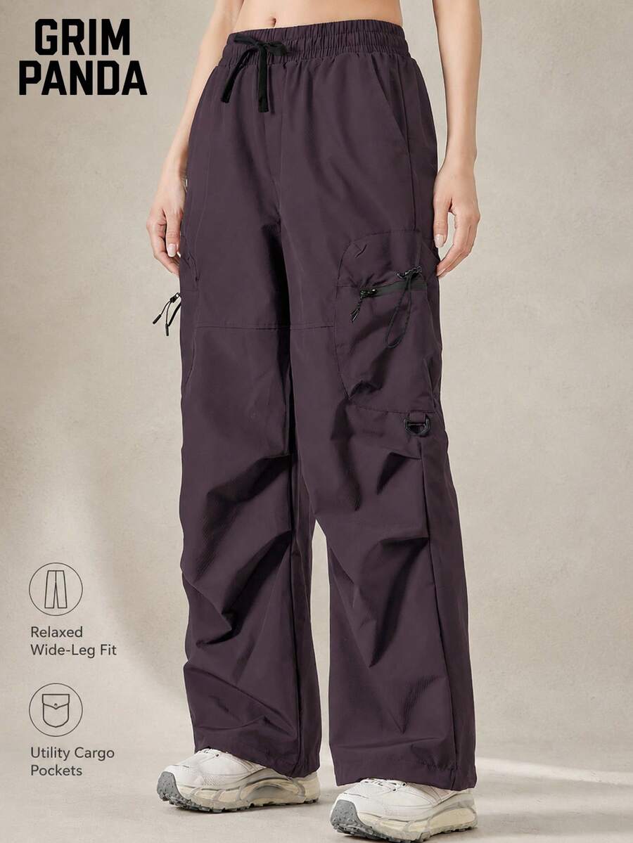 GRIM PANDA Women's Quick-Dry Cargo Pants, Wide Leg Drawstring Waist, Multiple Zipper Pockets, Adjustable Hem, Outdoor Parachute Pants Sports - Purple - View 1