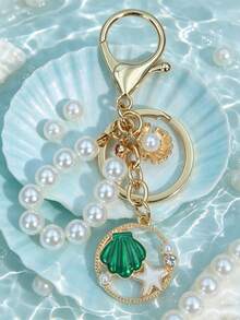 Llavero minimalista de concha de perla con estrella de mar y cuentas de perla blanca, regalo personalizado para mujeres, adecuado para bolsos, uso diario y regalos de vacaciones - Blanco - Ver 3