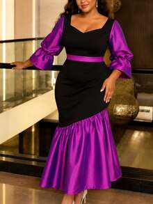 AOMEI Women's Elegant Charming Color Block Square Neck Flare Sleeve Slim Fit Ruched Bodycon Dress For Birthday Party And Formal Dinner - Purple - View 7