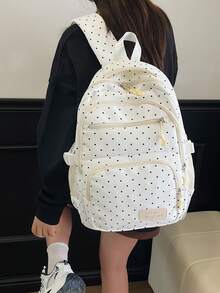 3pcs White Nylon Polka Dot Letter Patch Multi-Pocket School Backpack Set, Large Capacity College Student Bag, Crossbody Bag, Pencil Case, Travel Bag - White - View 10